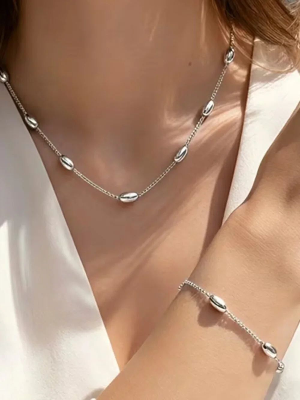 NWT 304L Stainless Steel Rice Bead Necklace & Bracelet Set Minimal Silver